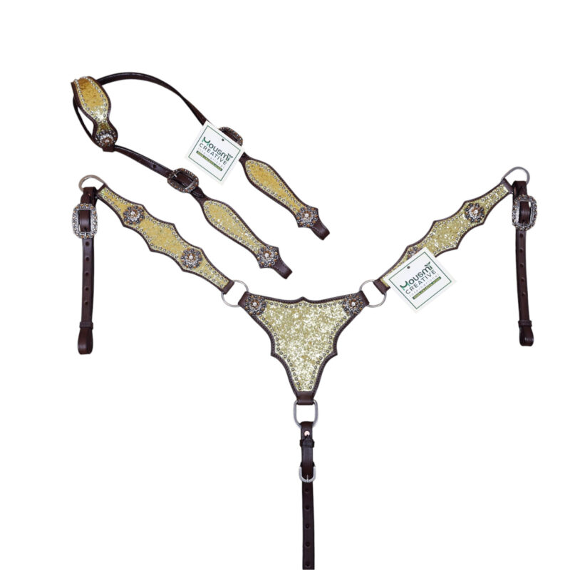 Leather Headstall Tack Set with Golden Glitter Big Chunk sparkles and Bling rhinestone conchos (HSBM 114539)