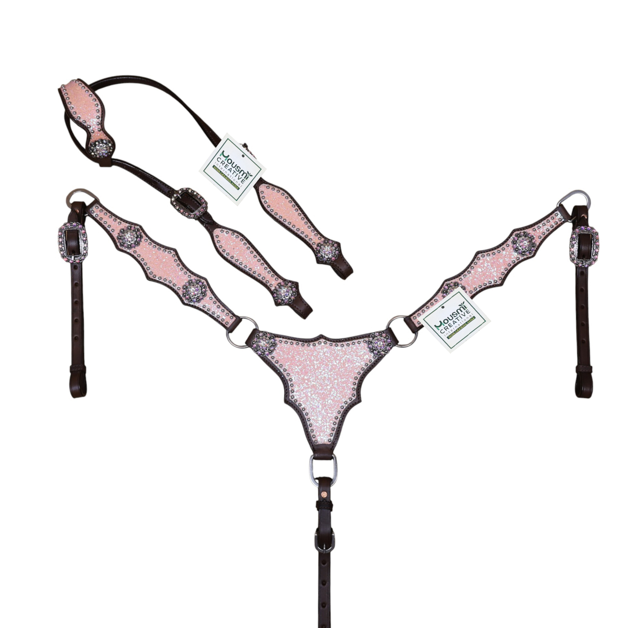 Leather Breast Collar Tack Set with Light Pink Glitter Big Chunk Sparkles and Bling Rhinestone Conchos (HSBM 114540)