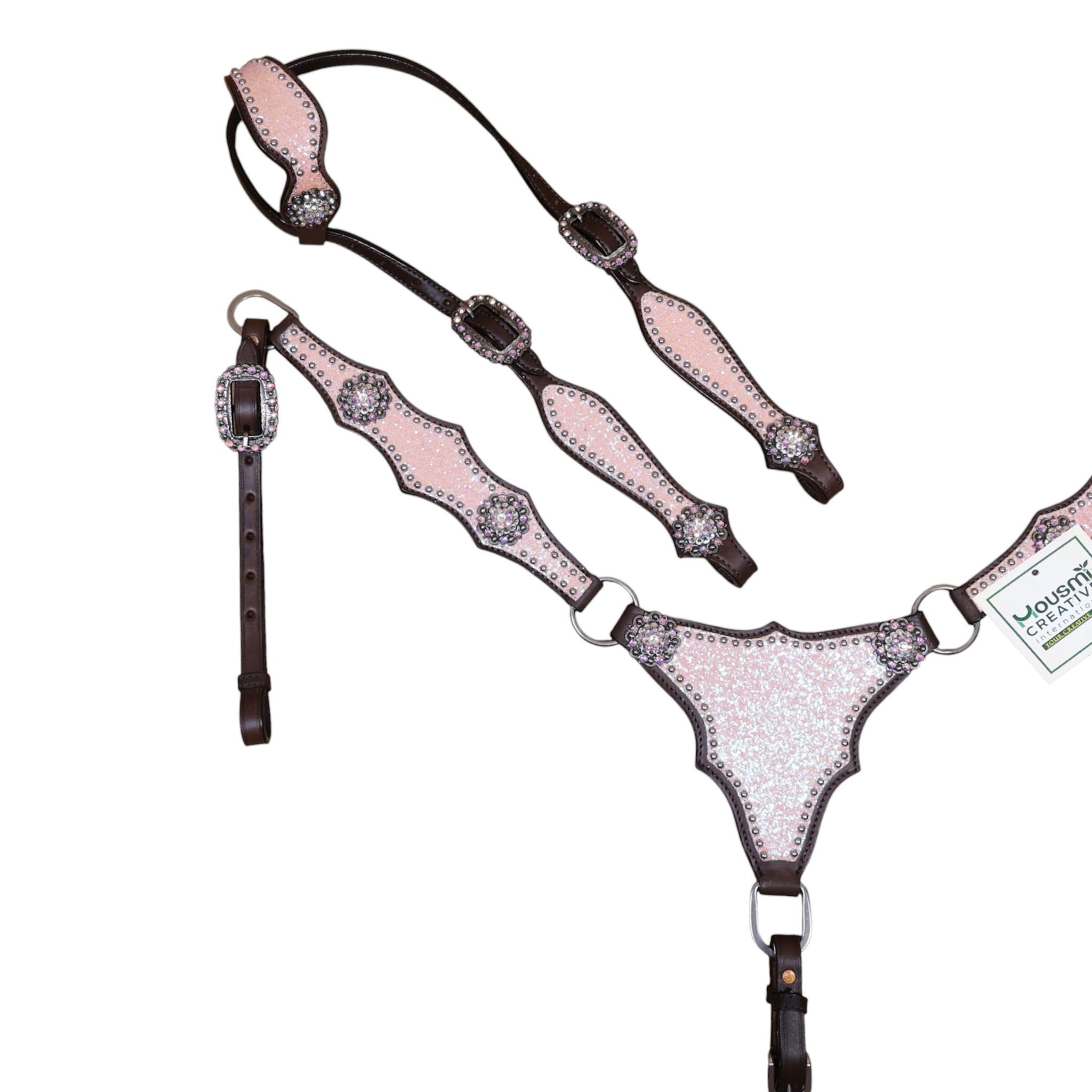 Leather Breast Collar Tack Set with Light Pink Glitter Big Chunk Sparkles and Bling Rhinestone Conchos (HSBM 114540) - Image 2