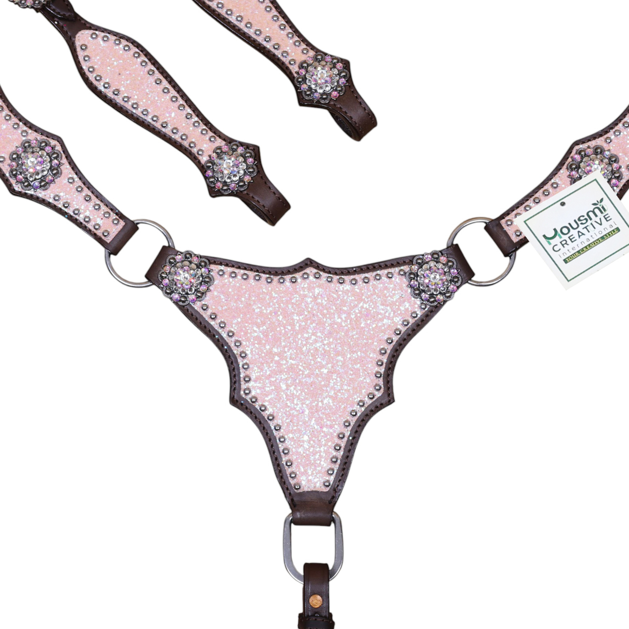 Leather Breast Collar Tack Set with Light Pink Glitter Big Chunk Sparkles and Bling Rhinestone Conchos (HSBM 114540) - Image 3