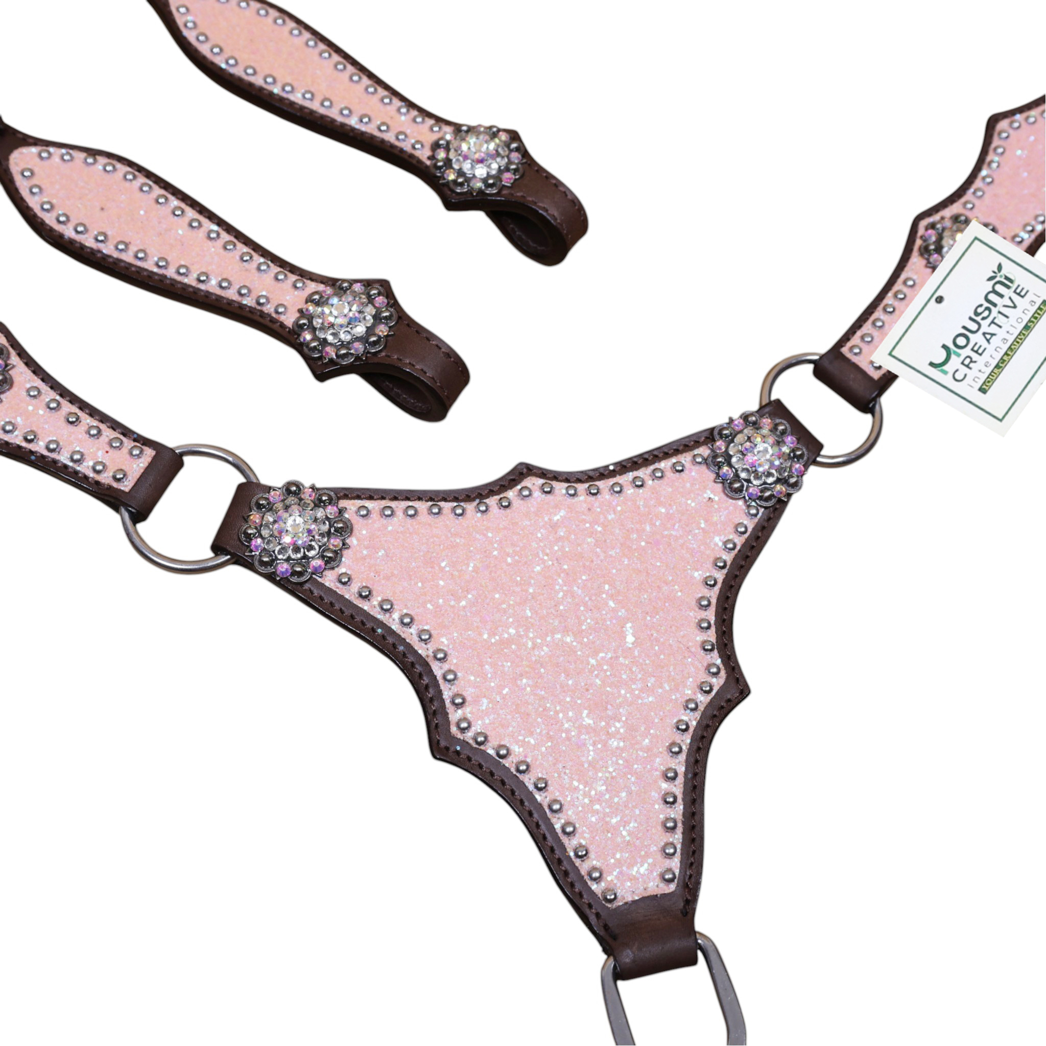 Leather Breast Collar Tack Set with Light Pink Glitter Big Chunk Sparkles and Bling Rhinestone Conchos (HSBM 114540) - Image 4