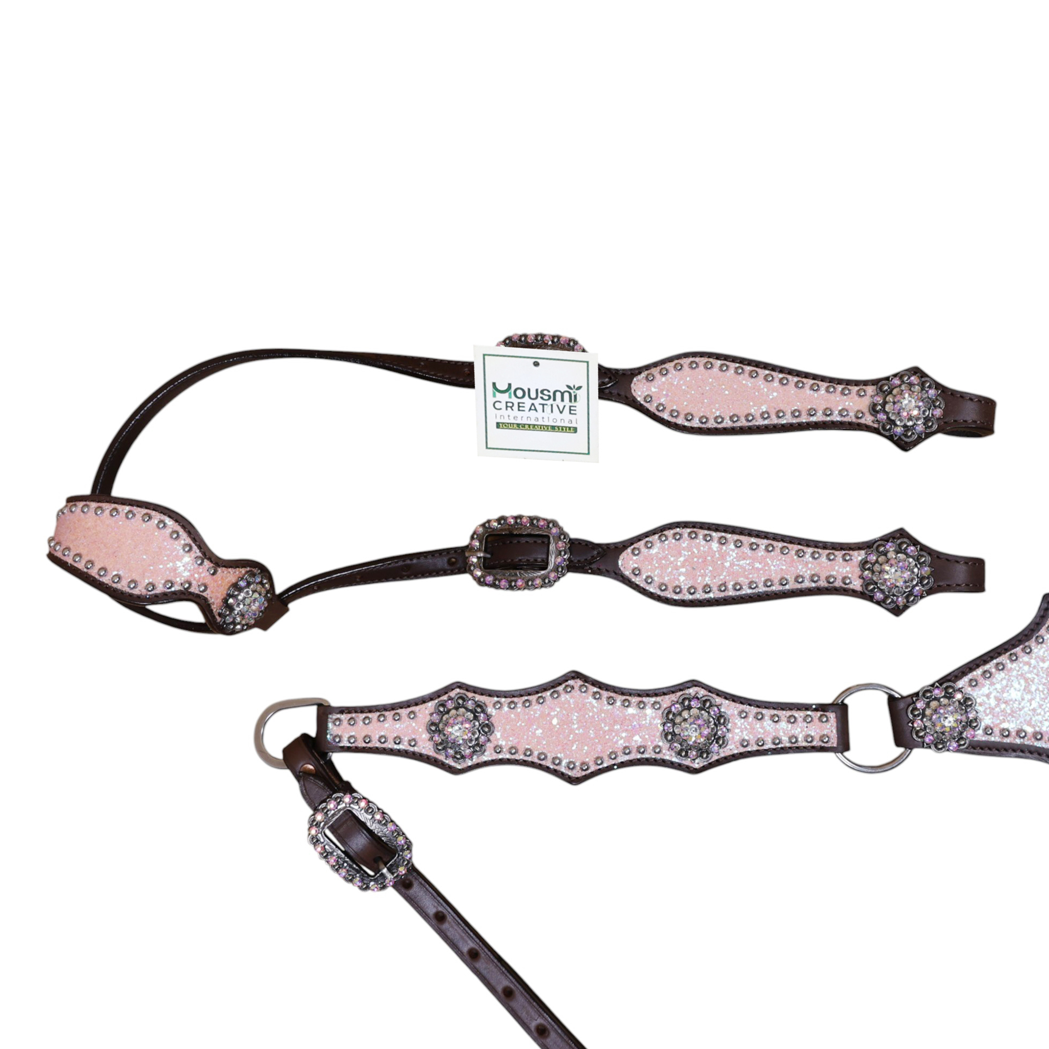 Leather Breast Collar Tack Set with Light Pink Glitter Big Chunk Sparkles and Bling Rhinestone Conchos (HSBM 114540) - Image 6