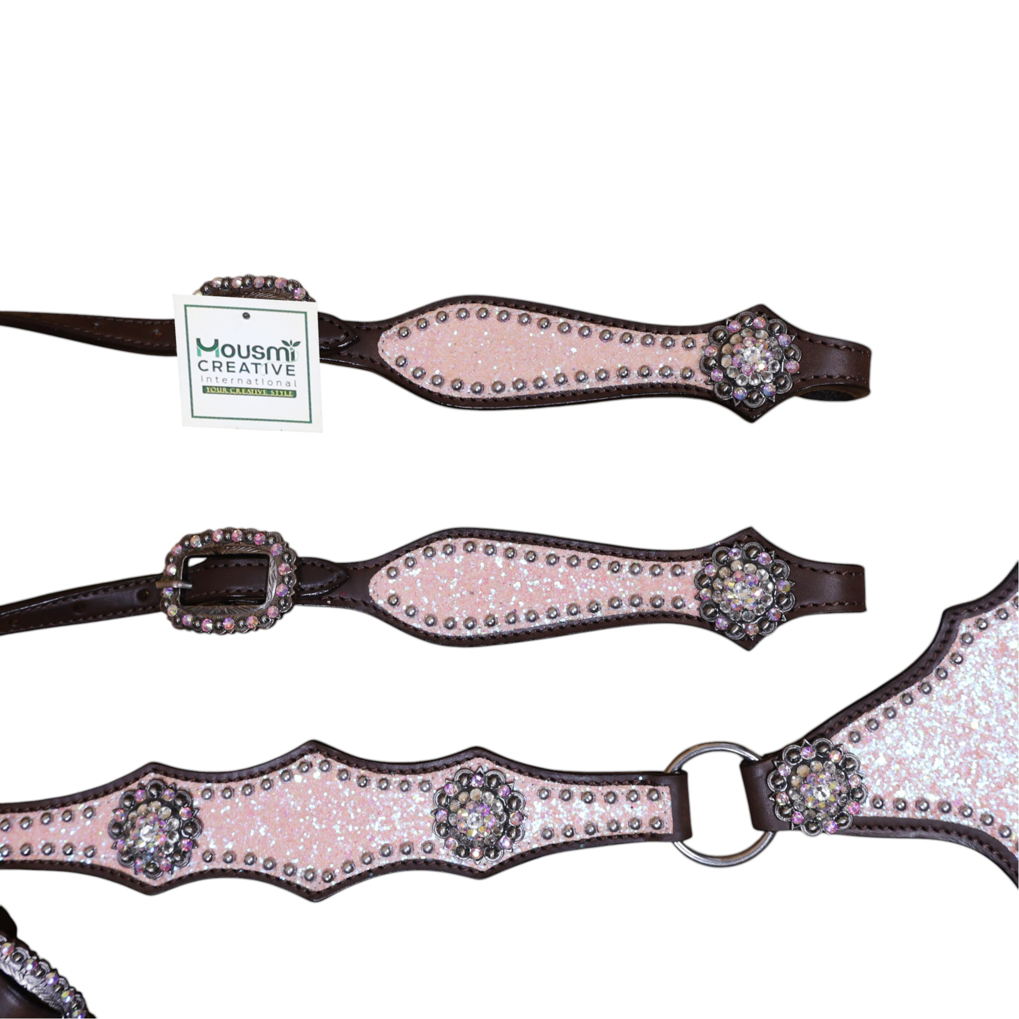 Leather Breast Collar Tack Set with Light Pink Glitter Big Chunk Sparkles and Bling Rhinestone Conchos (HSBM 114540) - Image 5