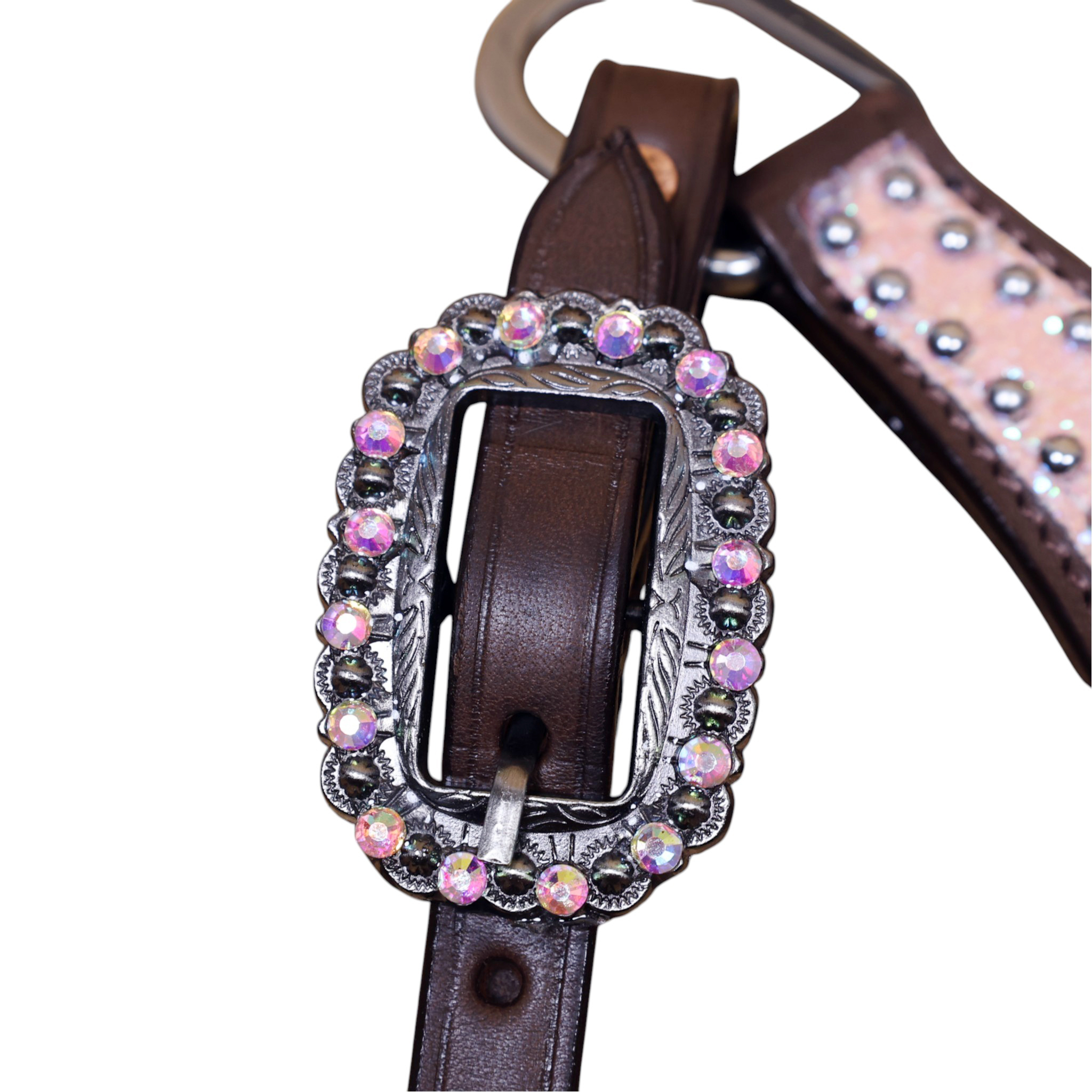 Leather Breast Collar Tack Set with Light Pink Glitter Big Chunk Sparkles and Bling Rhinestone Conchos (HSBM 114540) - Image 8