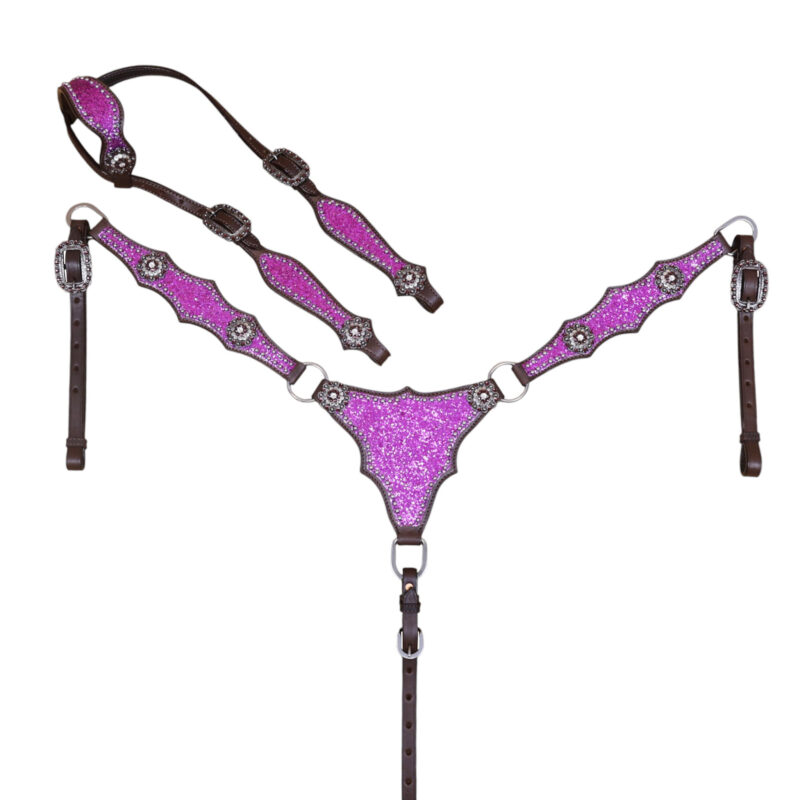 Leather Headstall and Breast Collar Set with Purple Glitter Big Chunk Sparkles and Bling Rhinestone Conchos (HSBM 114541)