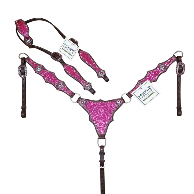 Leather Headstall and Breast Collar Tack Set with Hot pink Glitter Big Chunk Sparkles and Bling Rhinestone Conchos (HSBM 114542)