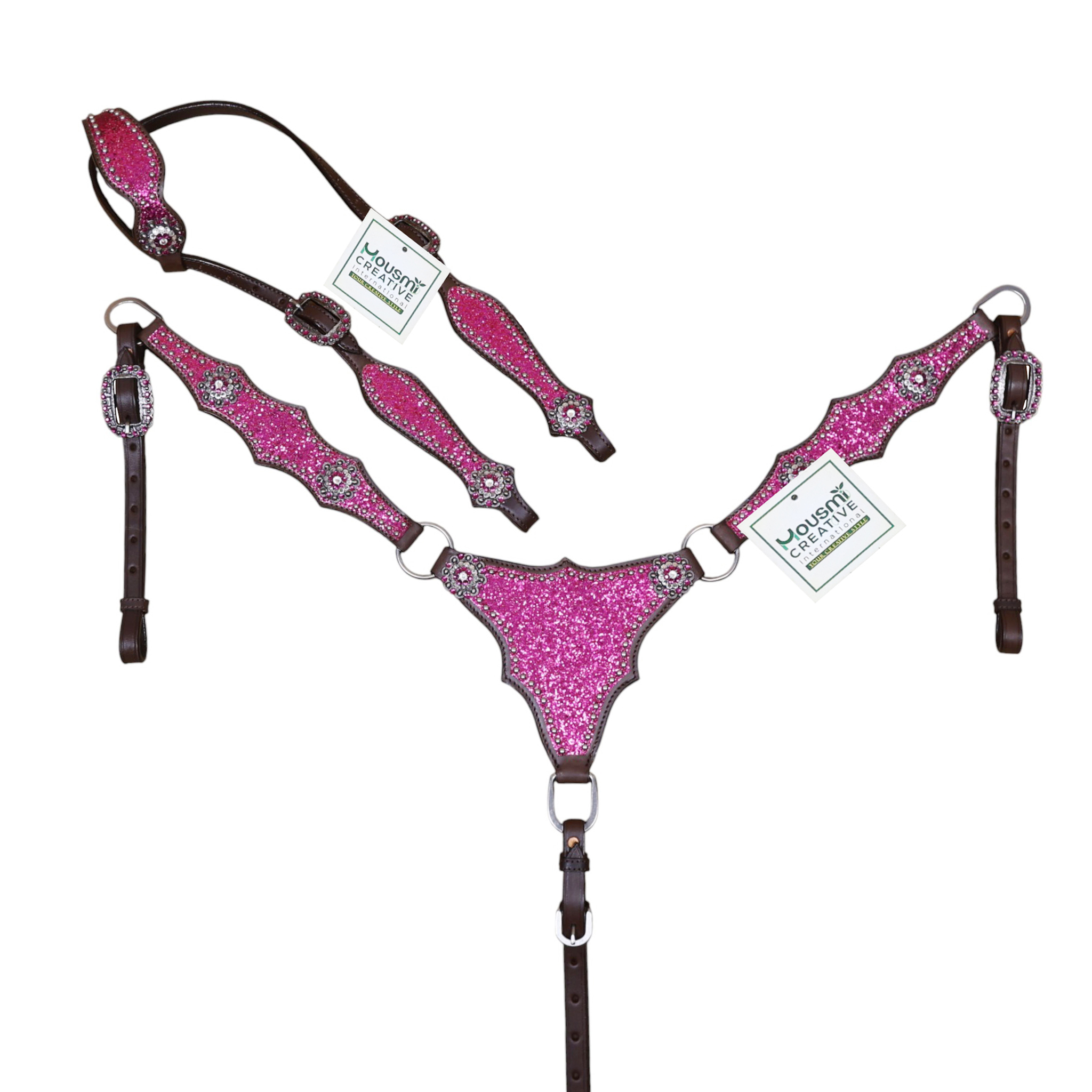 Leather Headstall and Breast Collar Tack Set with Hot pink Glitter Big Chunk Sparkles and Bling Rhinestone Conchos (HSBM 114542)