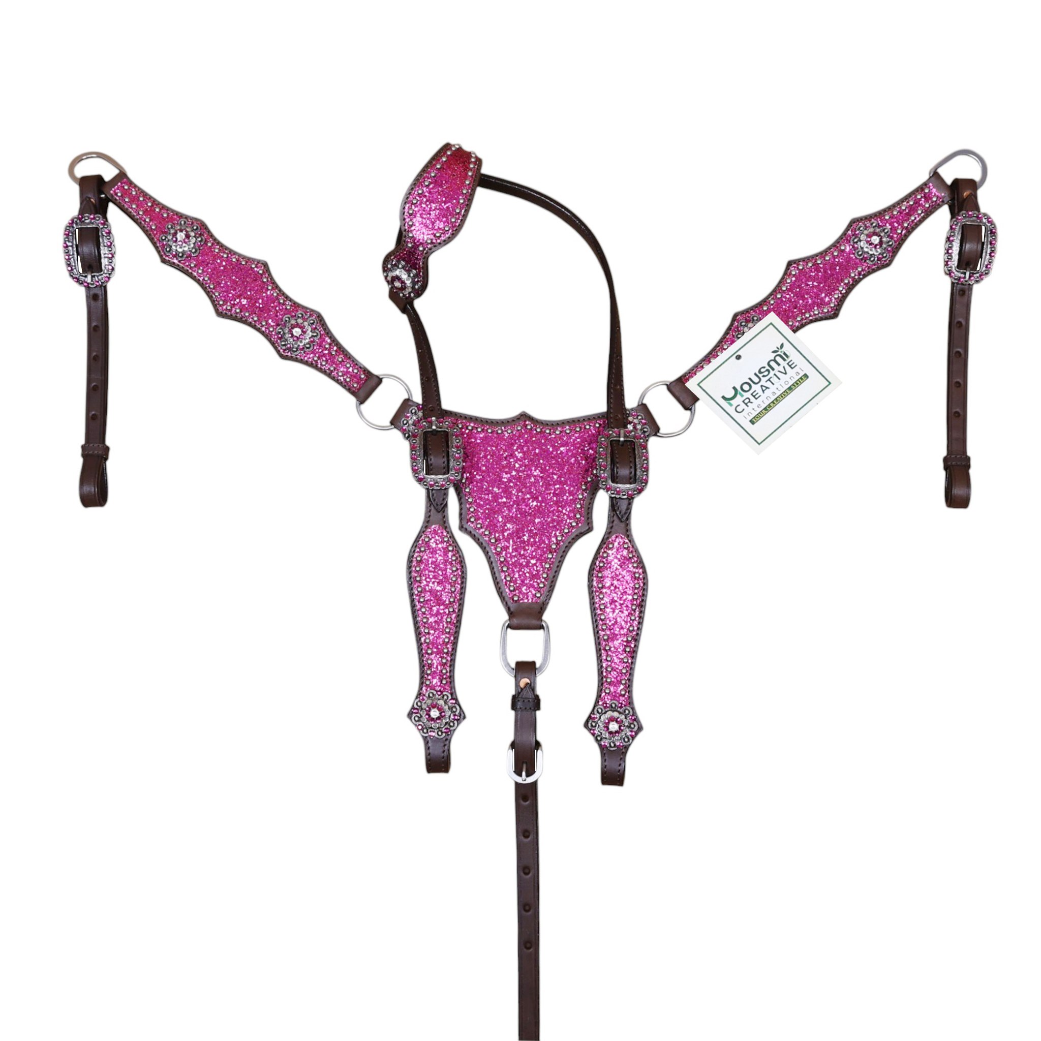 Leather Headstall and Breast Collar Tack Set with Hot pink Glitter Big Chunk Sparkles and Bling Rhinestone Conchos (HSBM 114542) - Image 10