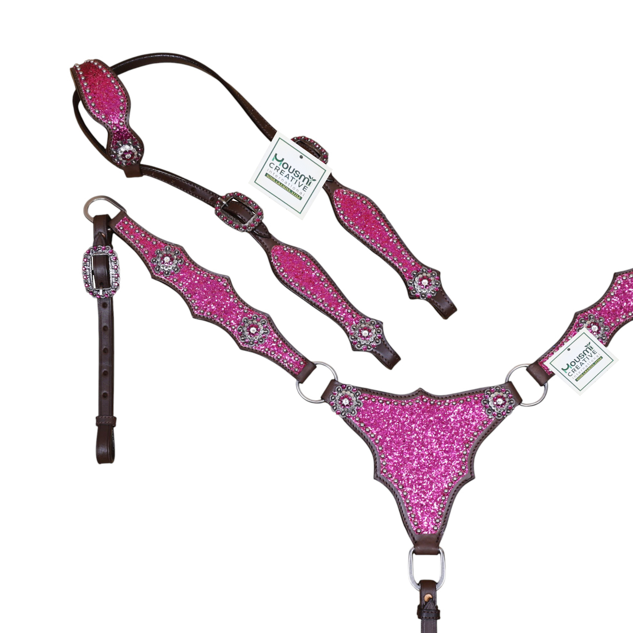 Leather Headstall and Breast Collar Tack Set with Hot pink Glitter Big Chunk Sparkles and Bling Rhinestone Conchos (HSBM 114542) - Image 2