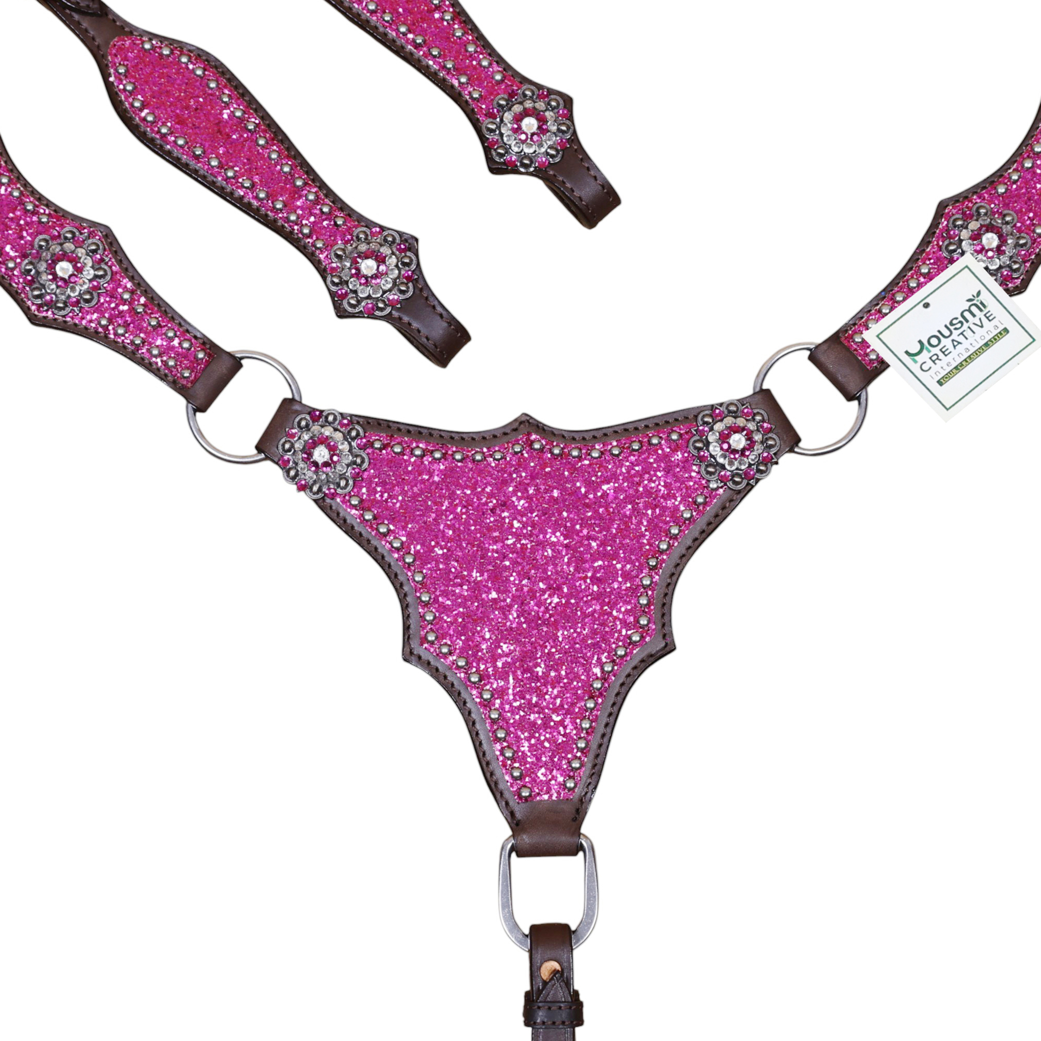 Leather Headstall and Breast Collar Tack Set with Hot pink Glitter Big Chunk Sparkles and Bling Rhinestone Conchos (HSBM 114542) - Image 3