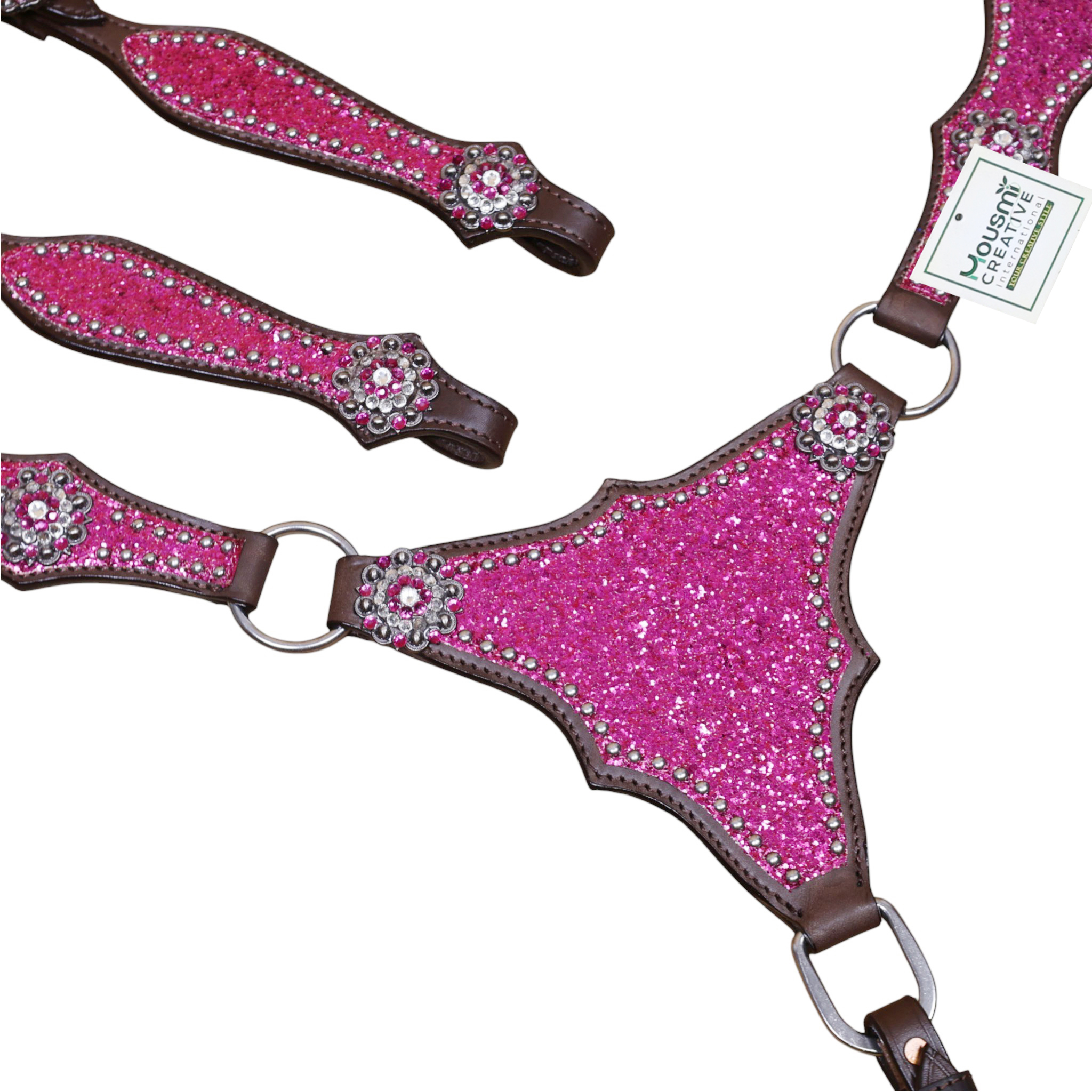 Leather Headstall and Breast Collar Tack Set with Hot pink Glitter Big Chunk Sparkles and Bling Rhinestone Conchos (HSBM 114542) - Image 4