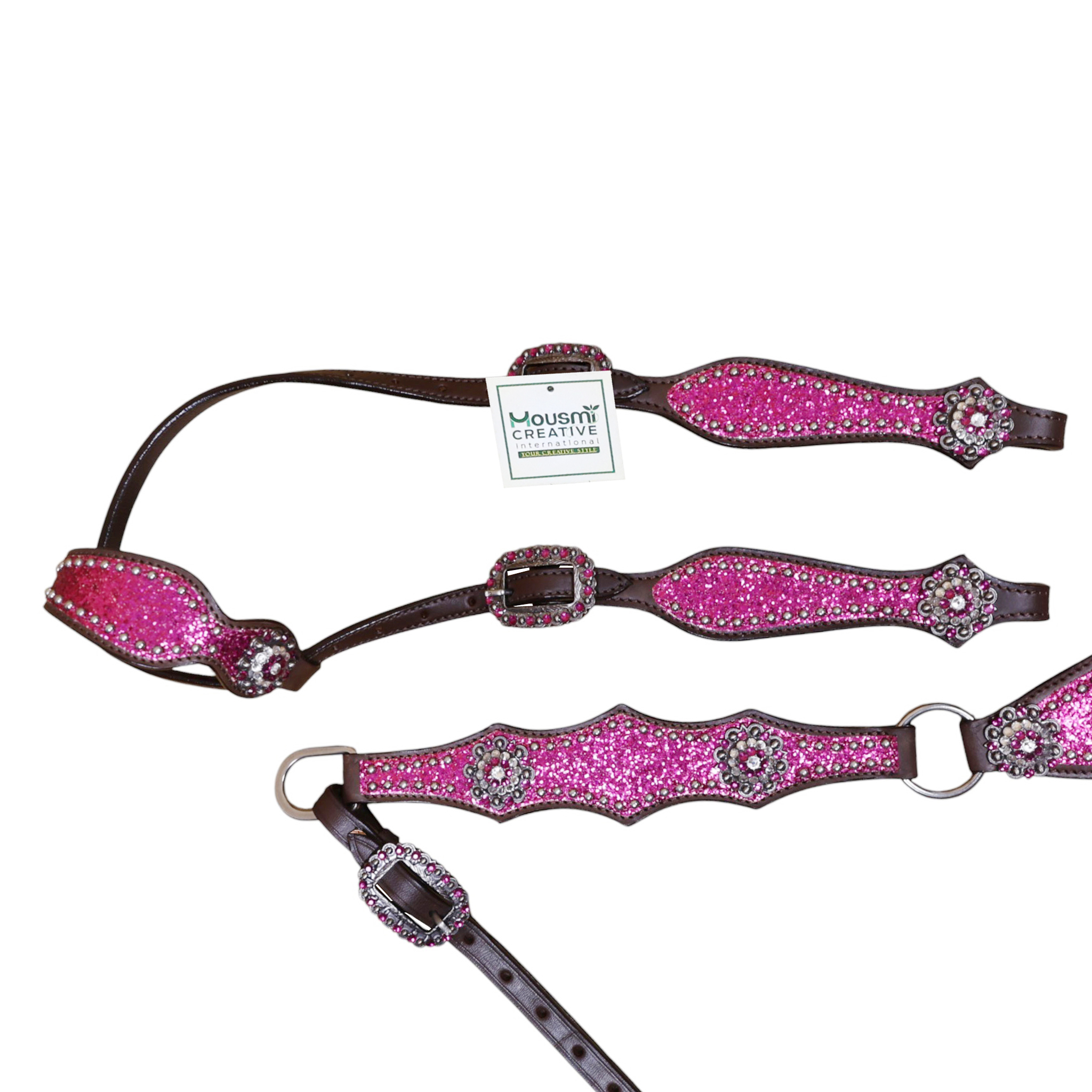 Leather Headstall and Breast Collar Tack Set with Hot pink Glitter Big Chunk Sparkles and Bling Rhinestone Conchos (HSBM 114542) - Image 5