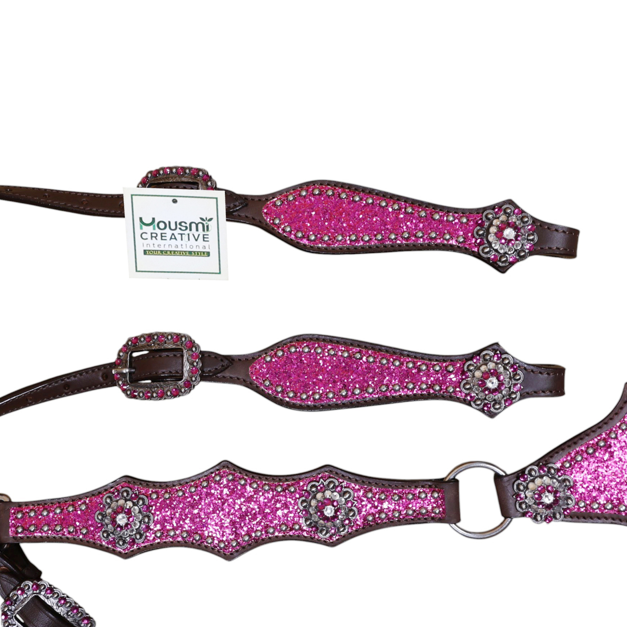 Leather Headstall and Breast Collar Tack Set with Hot pink Glitter Big Chunk Sparkles and Bling Rhinestone Conchos (HSBM 114542) - Image 6