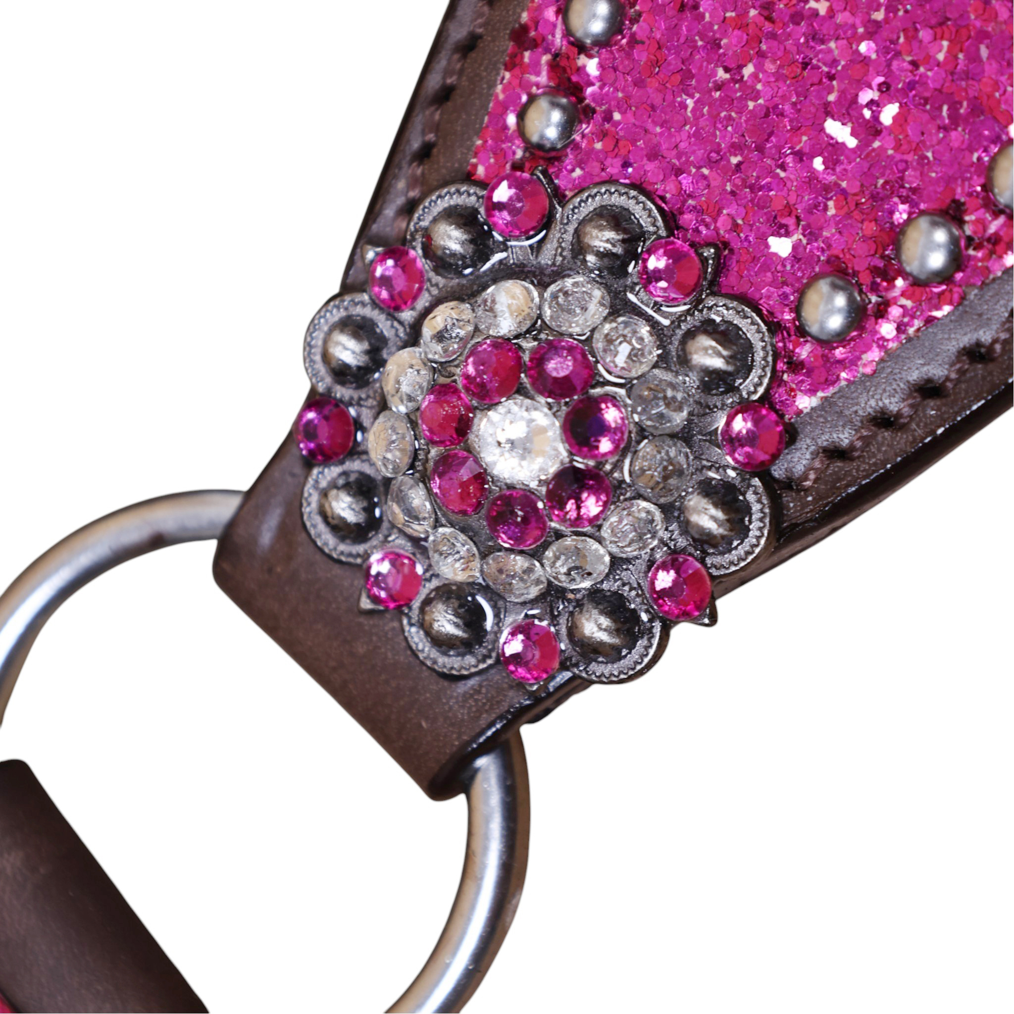 Leather Headstall and Breast Collar Tack Set with Hot pink Glitter Big Chunk Sparkles and Bling Rhinestone Conchos (HSBM 114542) - Image 7