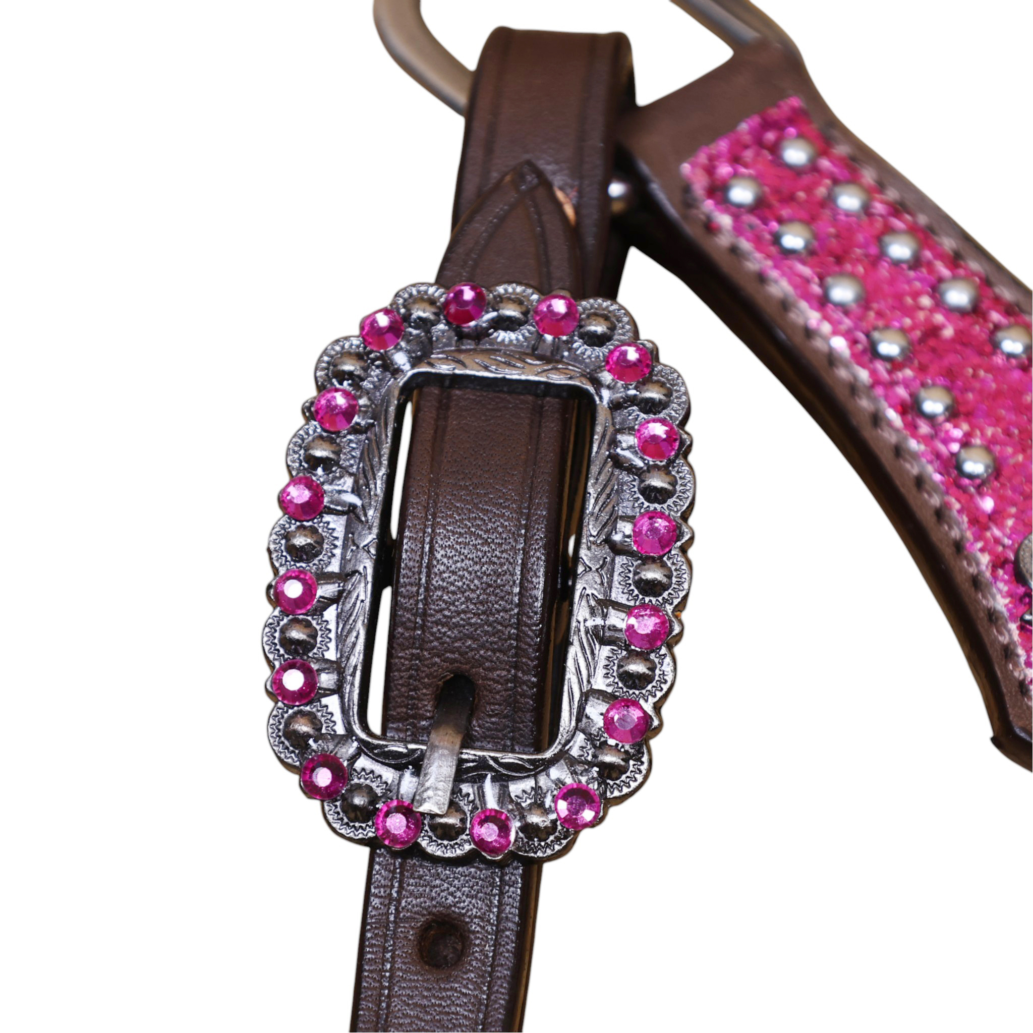 Leather Headstall and Breast Collar Tack Set with Hot pink Glitter Big Chunk Sparkles and Bling Rhinestone Conchos (HSBM 114542) - Image 8