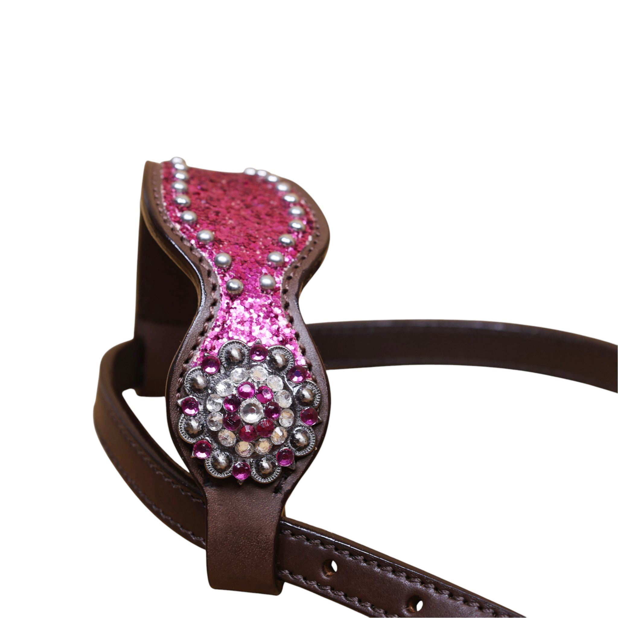 Leather Headstall and Breast Collar Tack Set with Hot pink Glitter Big Chunk Sparkles and Bling Rhinestone Conchos (HSBM 114542) - Image 9
