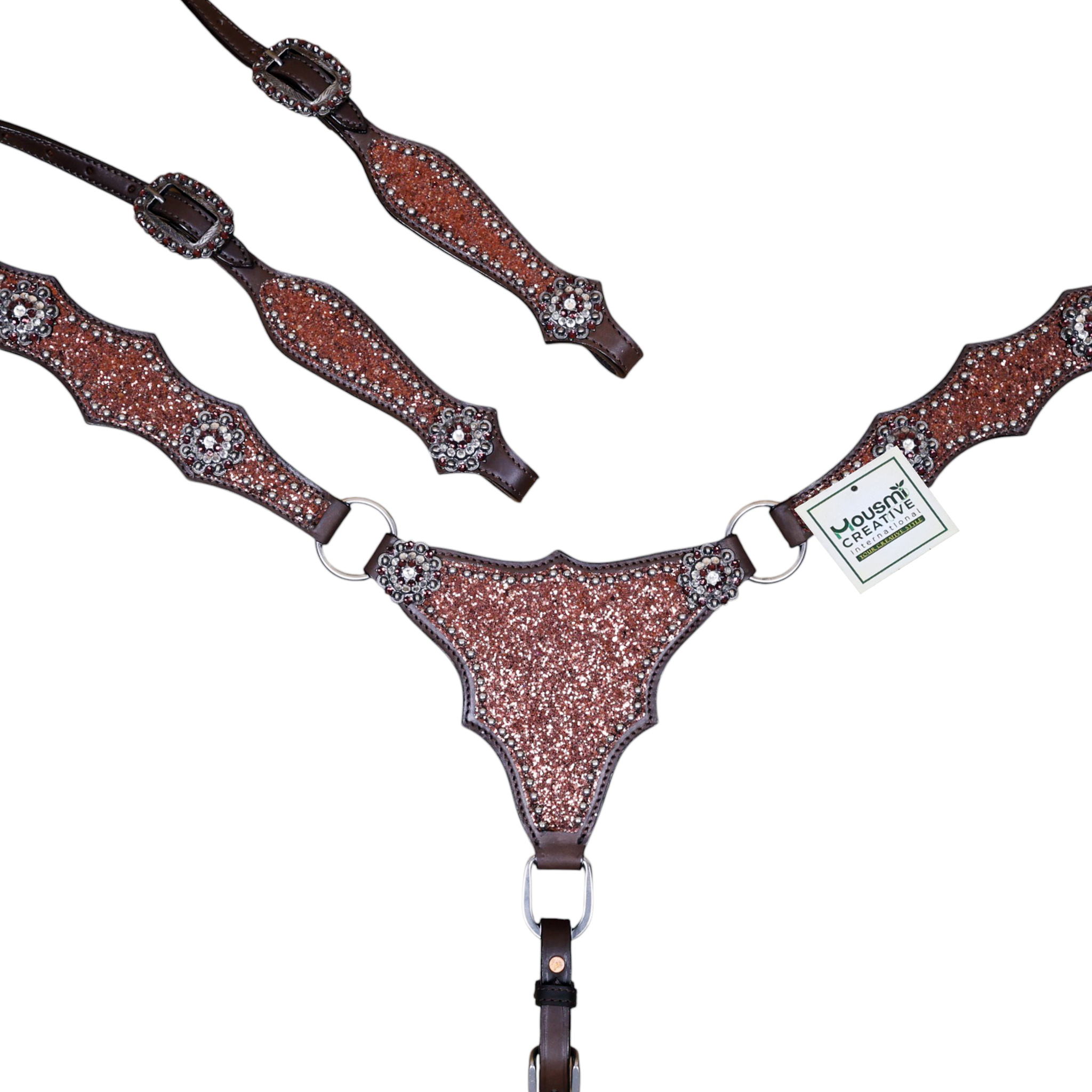 Mocha Glitter Western Headstall Set with Big Chunk Sparkles and Bling Rhinestone Conchos (HSBM 114559) - Image 2