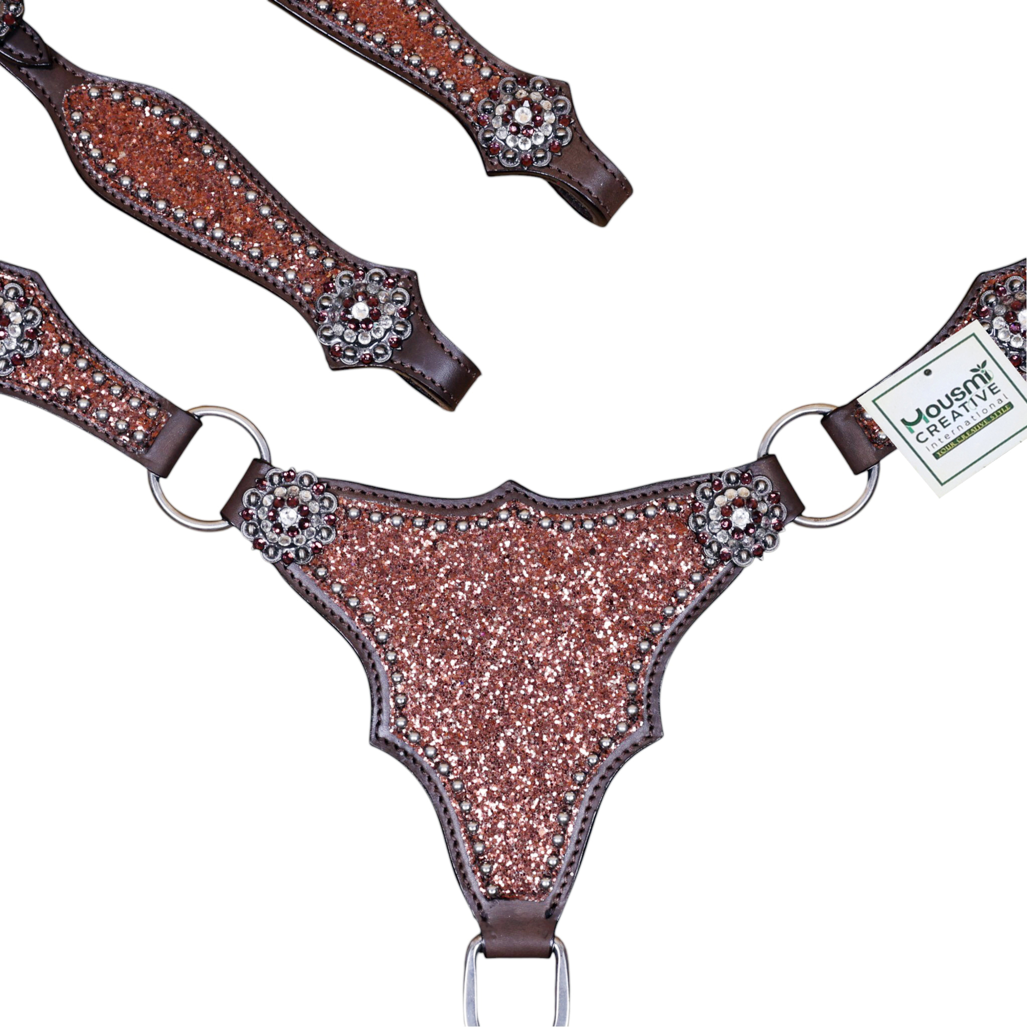 Mocha Glitter Western Headstall Set with Big Chunk Sparkles and Bling Rhinestone Conchos (HSBM 114559) - Image 3