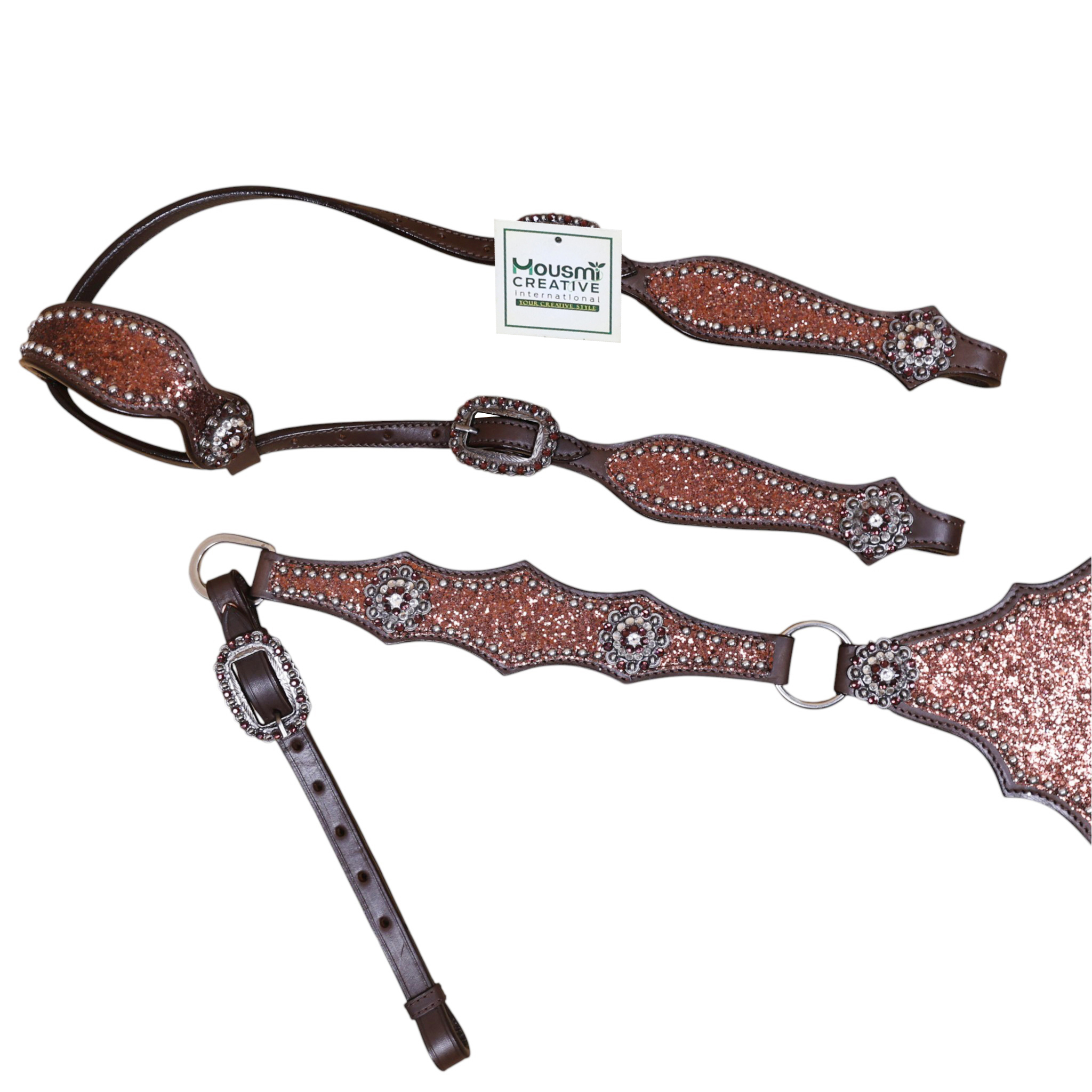 Mocha Glitter Western Headstall Set with Big Chunk Sparkles and Bling Rhinestone Conchos (HSBM 114559) - Image 5