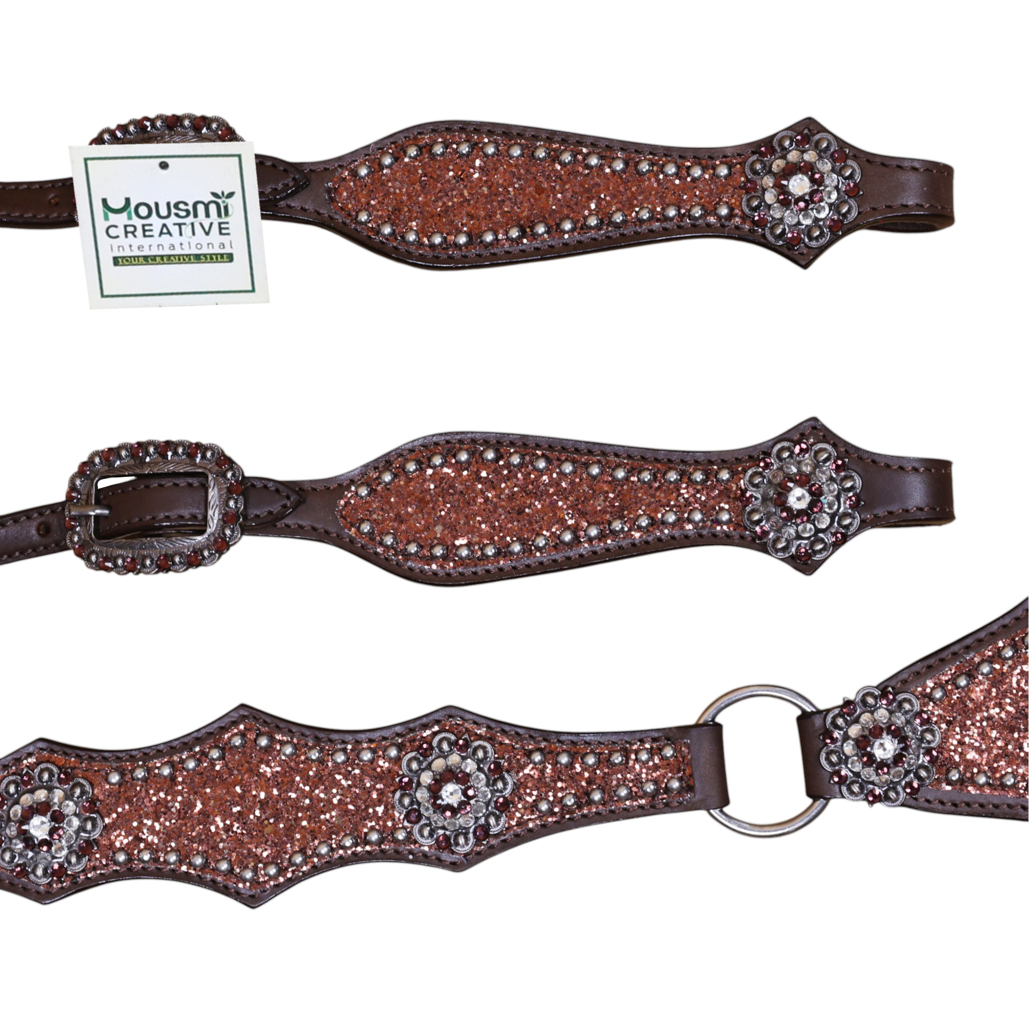 Mocha Glitter Western Headstall Set with Big Chunk Sparkles and Bling Rhinestone Conchos (HSBM 114559) - Image 6
