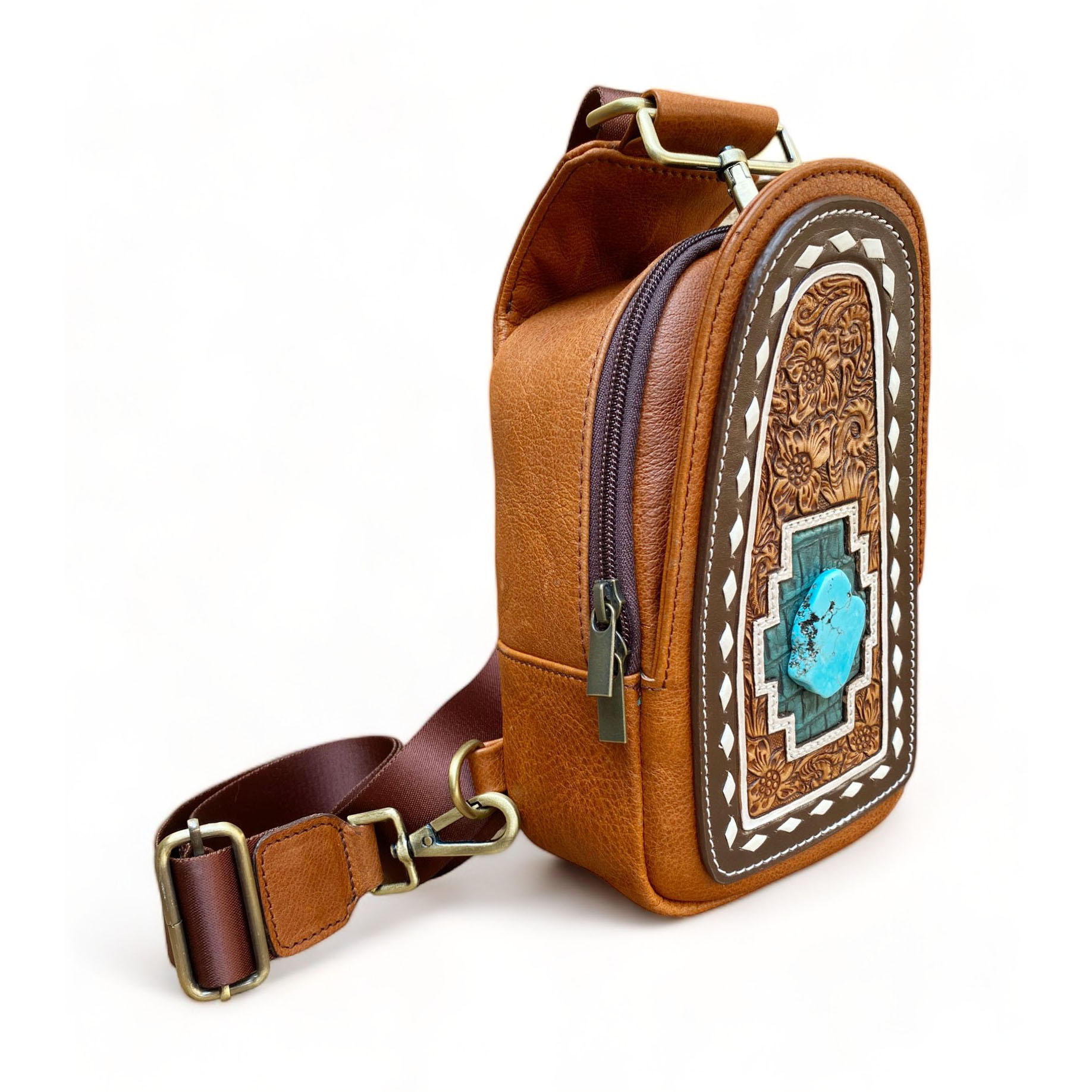 Tooled Leather Crossbody Bag with Single Sling Chest Pack and Turquoise Stone (CBMC 322106) - Image 3