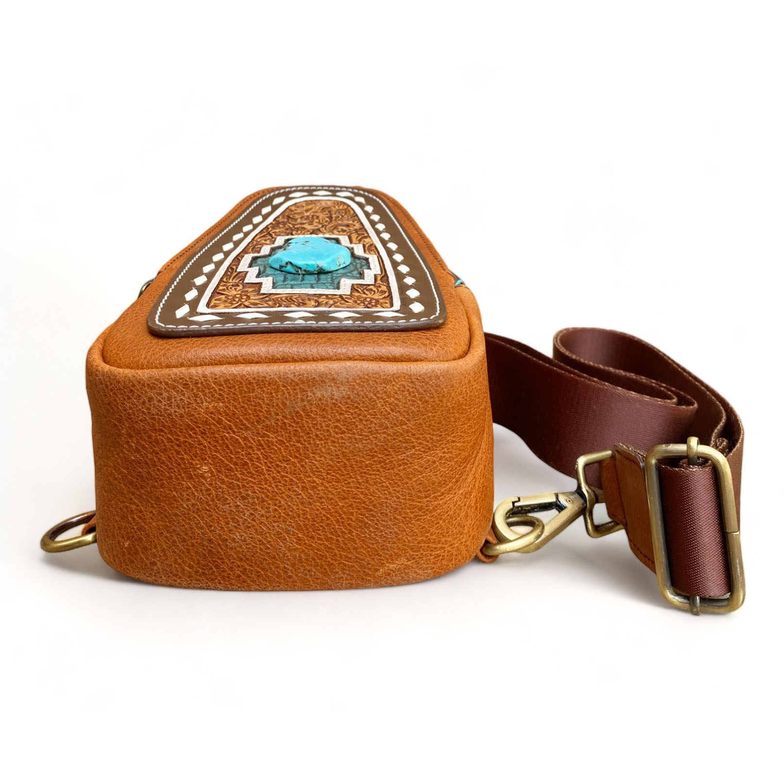 Tooled Leather Crossbody Bag with Single Sling Chest Pack and Turquoise Stone (CBMC 322106) - Image 8