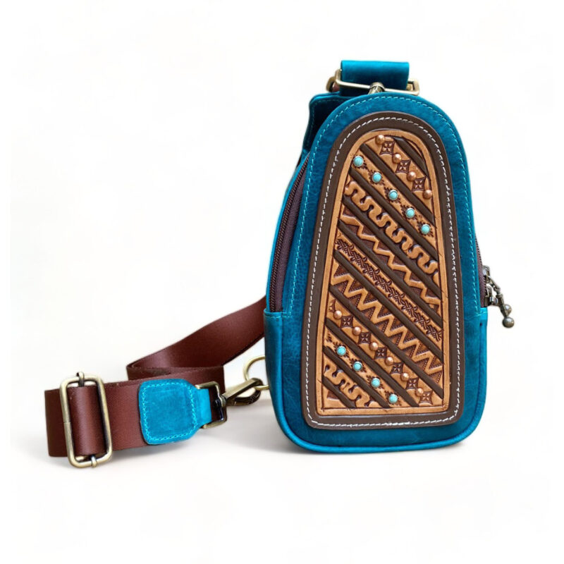 Western Leather Crossbody Chest Bag Geometric Pattern Solid Brass Hardware (CBMC 322108)