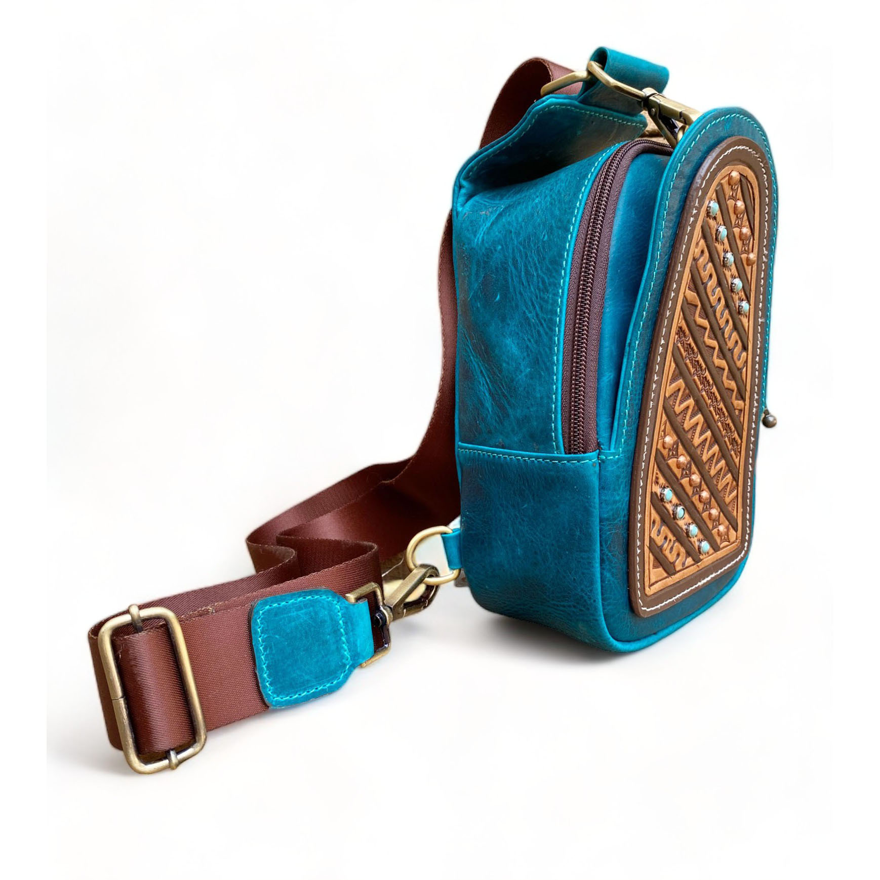 Western Leather Crossbody Chest Bag Geometric Pattern Solid Brass Hardware (CBMC 322108) - Image 2