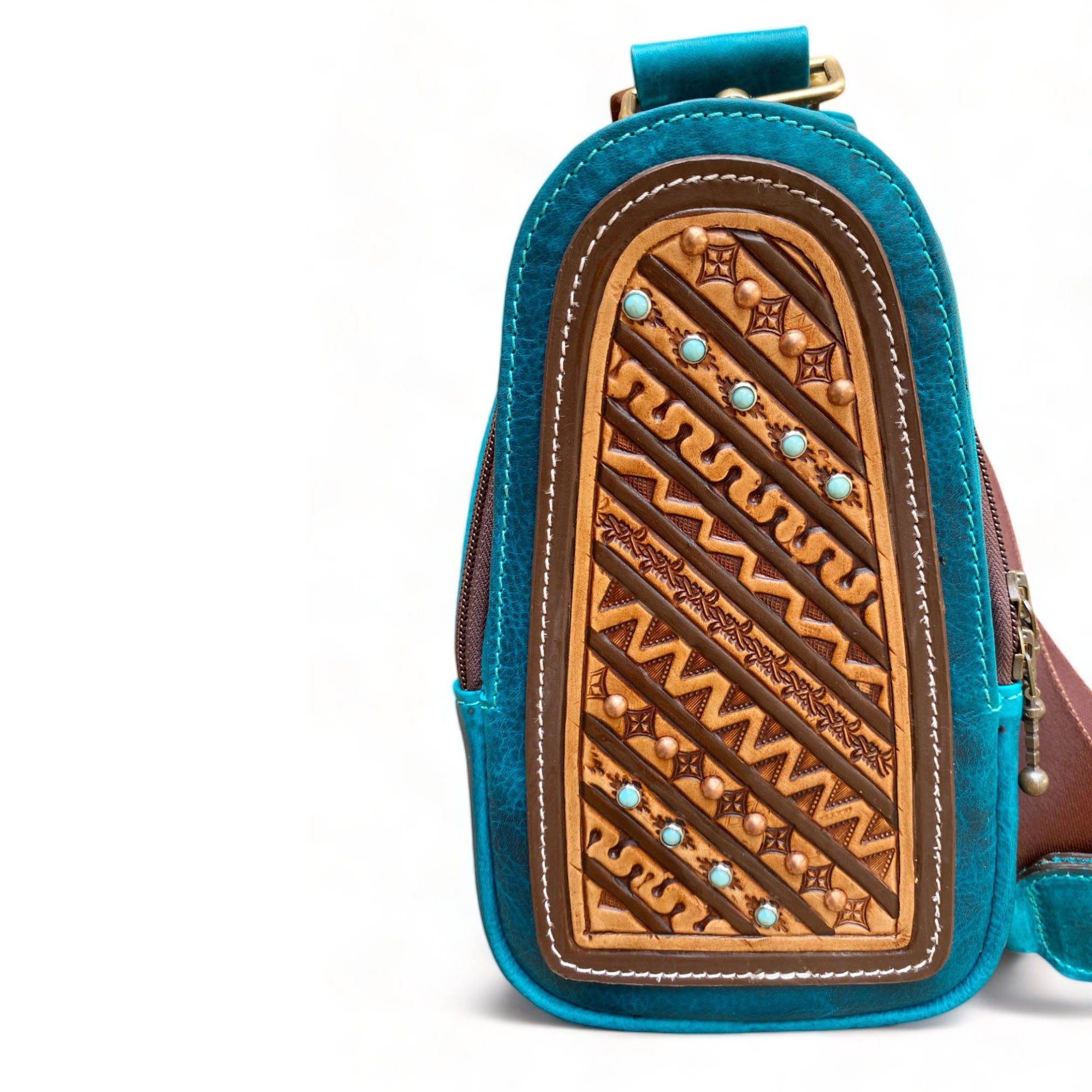 Western Leather Crossbody Chest Bag Geometric Pattern Solid Brass Hardware (CBMC 322108) - Image 8