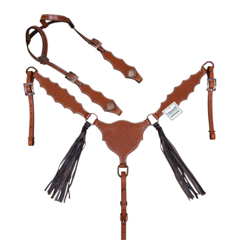 Tan Leather Headstall Set with Plain Chestnut Oil and Black Fringe (HSBM 114543)