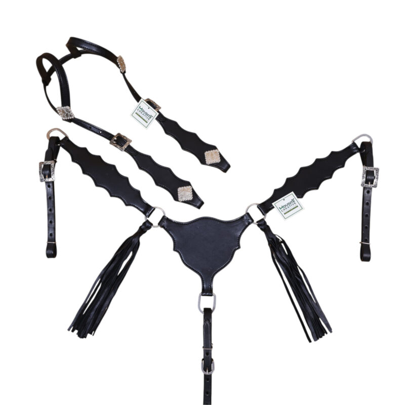 Plain Black Leather Headstall Set with Black Fringe (HSBM 114544)