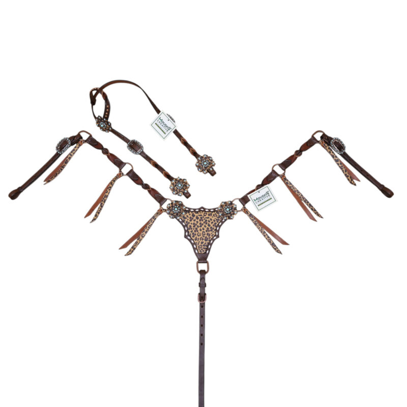 Western Leather Breast Collar Tack set with Leopard Print, Criss-cross Braiding and Leopard Laces (HSBM 114545)