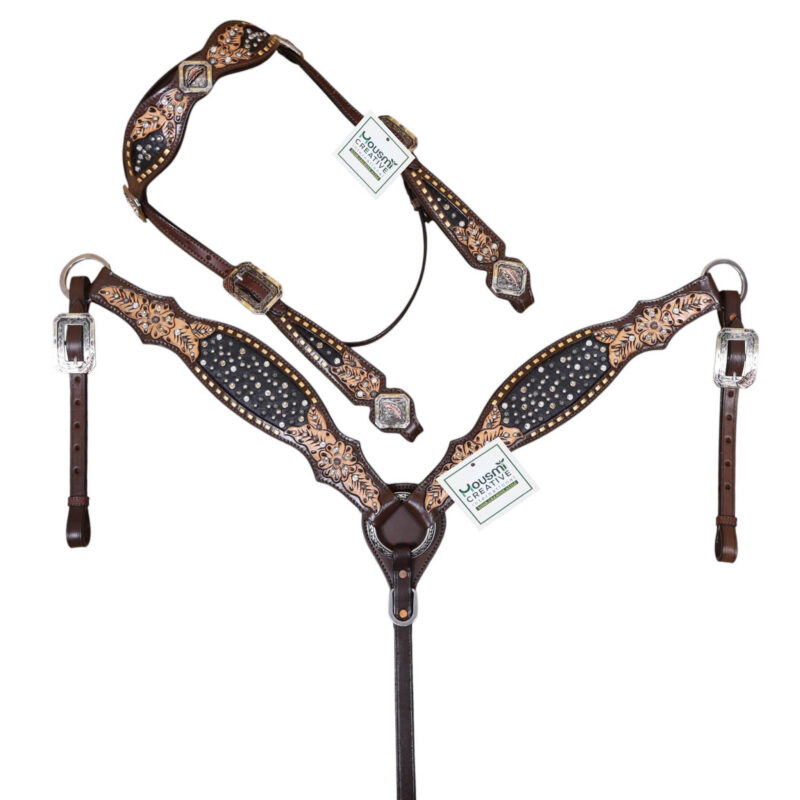Western Floral Carved Leather Headstall and Breast Collar Tack Set with 3d conchos (HSBM 114546)