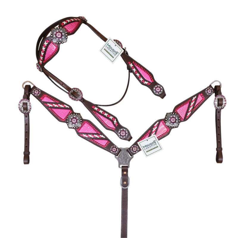 Leather Headstall Set with Holographic Pink Alligator Print and Raw Hide Criss-Cross Braiding with Big Bling Conchos (HSBM 114547)
