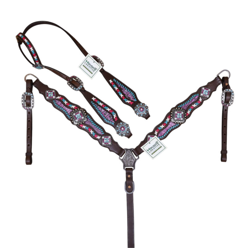 Western Leather Breast Collar Tack Set with Raw Hide Braiding, Big Bling Conchos and Pink Alligator Inlay (HSBM 114548)
