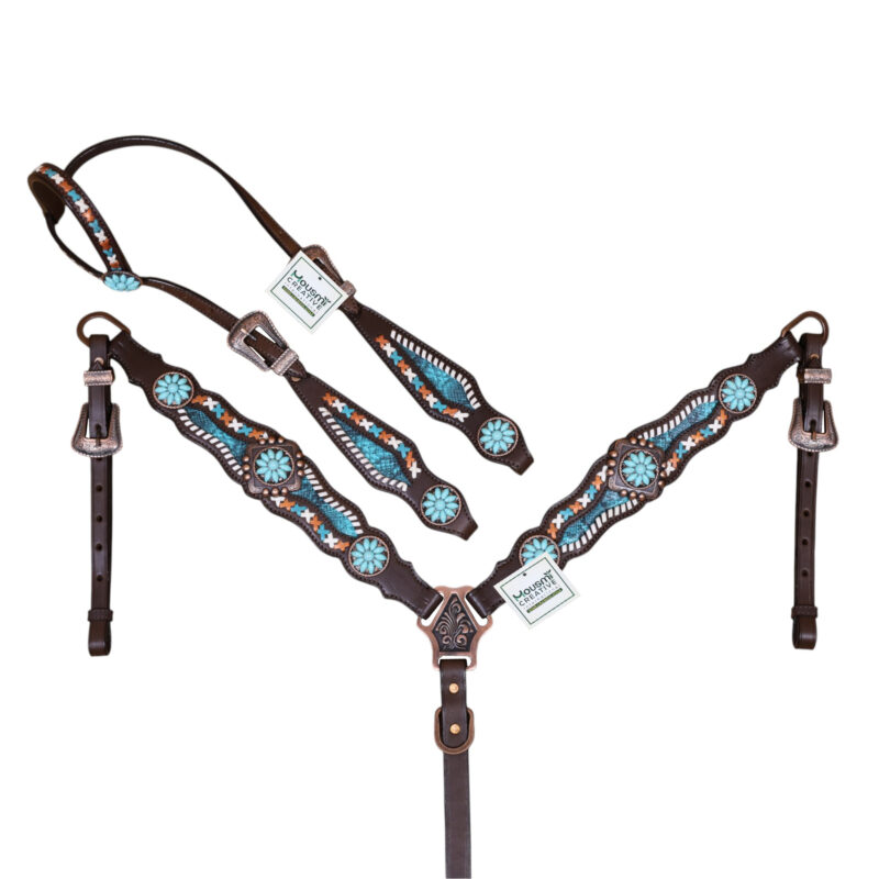 Western Leather Headstall and Breast Collar Set with Turquoise Flower Concho, Raw Hide Braiding and Snake Print Inlay (HSBM 114549)