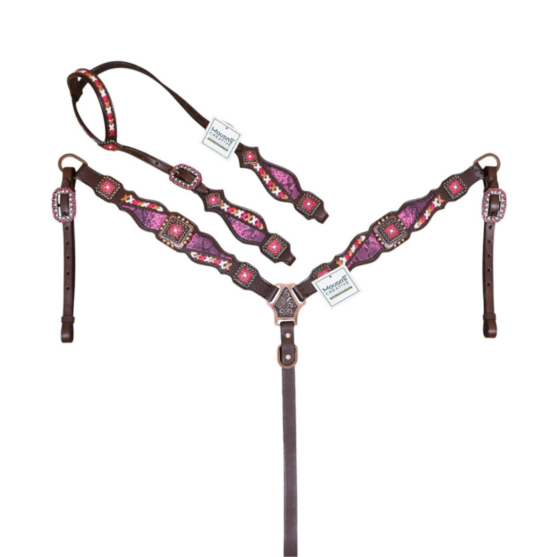 Western Leather Headstall Tack Set with Criss Cross Raw Hide Braiding, Big Bling Pink Conchos and Snake Print Inlay (HSBM 114550)