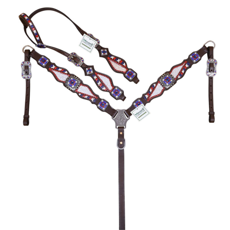 Patriotic Western Leather Headstall Tack Set with Red, White, Blue Conchos and Glitter Inlay (HSBM 114551)