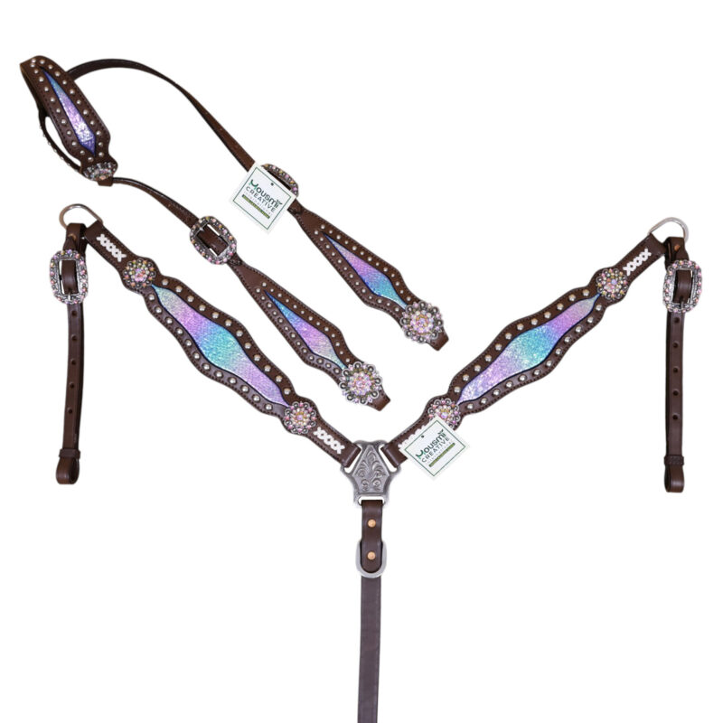 Western Leather Headstall Set with Holographic Snake Print, Rawhide Braiding, Bling Conchos and Silver Studs (HSBM 114552)