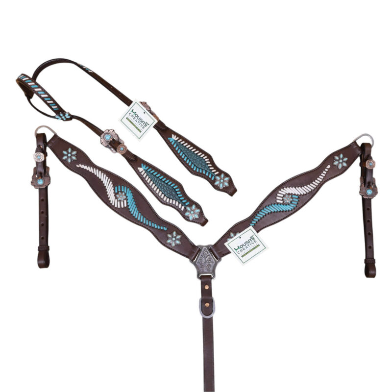 Western Leather Breast Collar Tack Set with Turquoise Flower Concho and Waving Style Raw Hide Braiding (HSBM 114553)