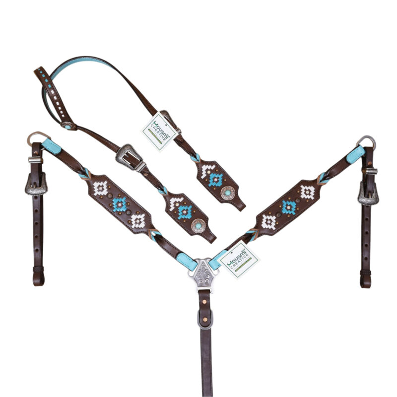 Aztec style Leather Headstall Set with Raw Hide Braiding and Twisted Braided (HSBM 114554)