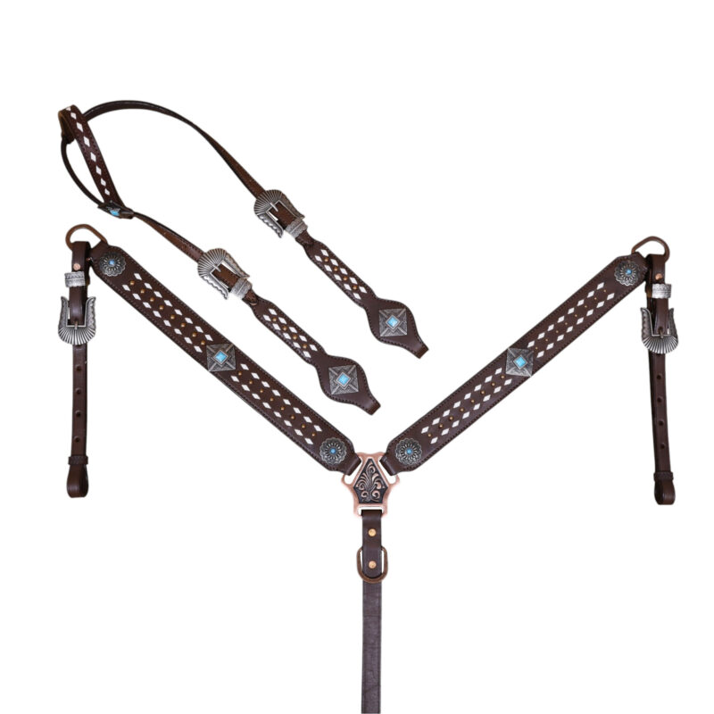 Western Leather Headstall and Breast Collar Tack Set with Turquoise Conchos, Raw Hide Braiding and Copper Studs (HSBM 114555)