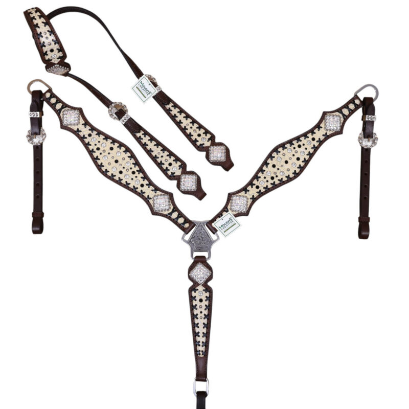 Western Leather Headstall Set with Silver Filigree Inlay, Black Rawhide Cross Braiding and Bling Silver Conchos with Stones (HSBM 114556)