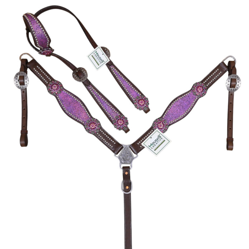 Western Leather Headstall and Breast Collar Tack Set with Pink Blink Conchos, Silver Studs and Pink Holographic Print (HSBM 114557)