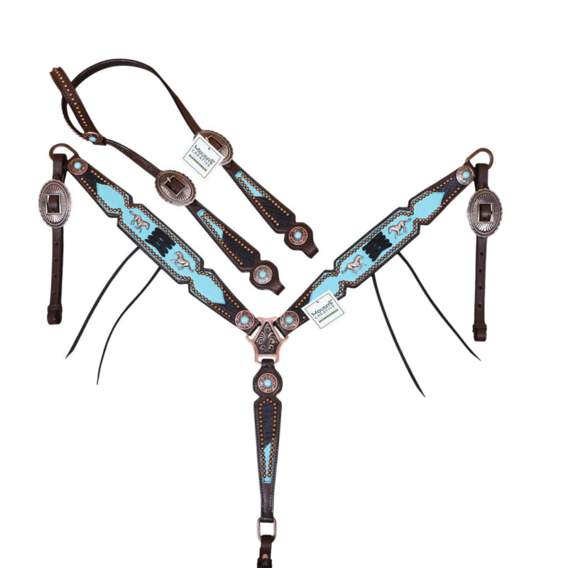 Western Leather Headstall tack Set with Teal and Black Combination with Copper Studs and Black Laces Braiding (HSBM 114558)