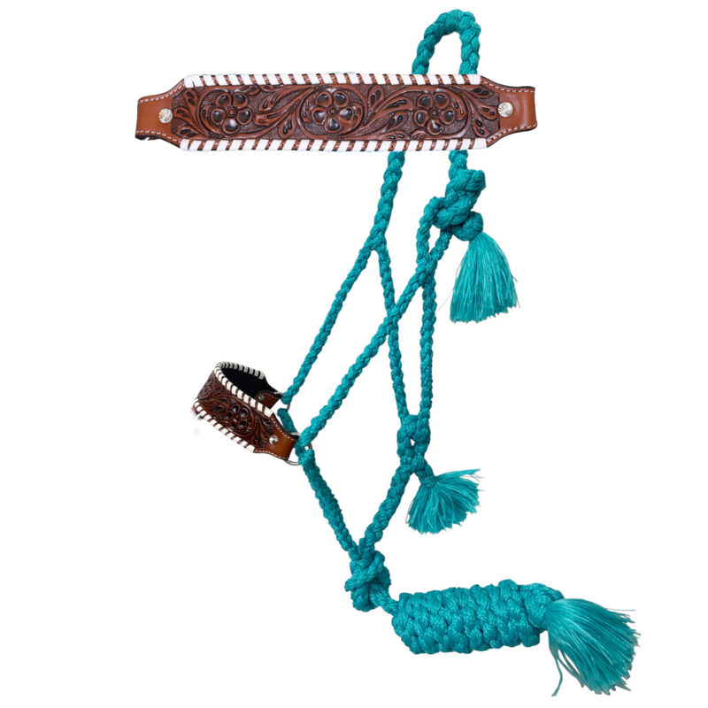 Nylon Mule Tape Halter Decorated With Hand carved Floral Design And White Straps On Leather Nose band (MMH 114332)