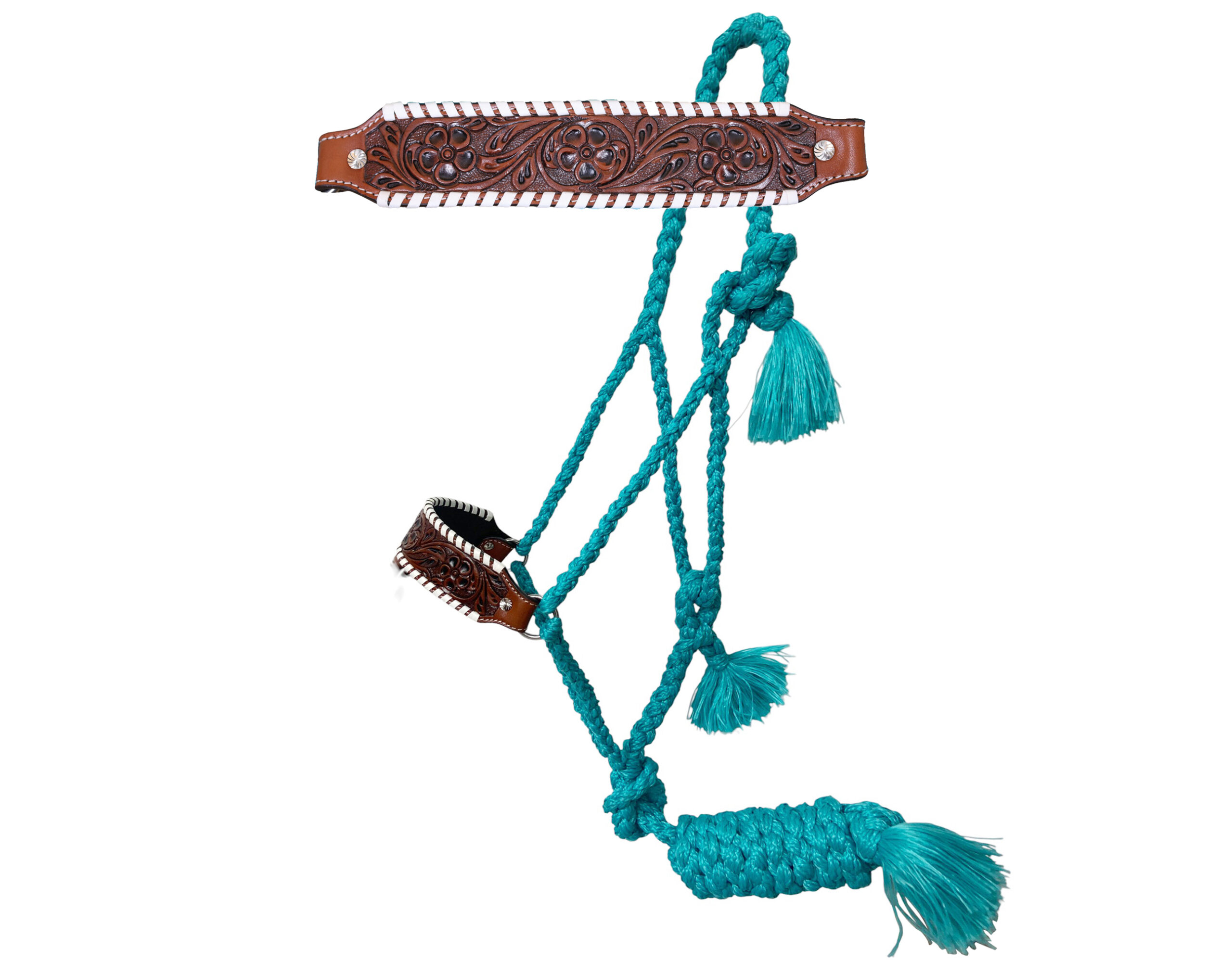 Nylon Mule Tape Halter Decorated With Hand carved Floral Design And White Straps On Leather Nose band (MMH 114332)