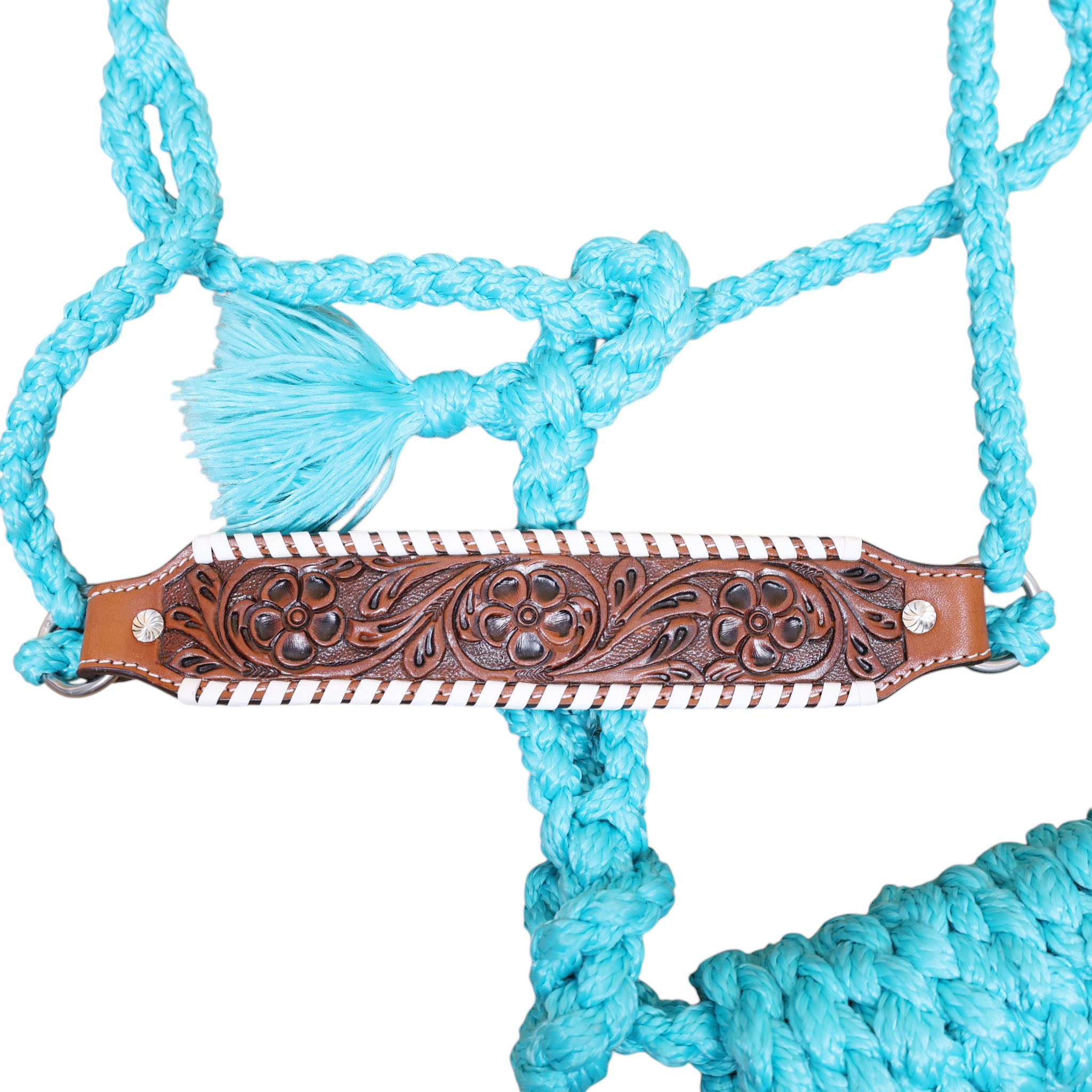 Nylon Mule Tape Halter Decorated With Hand carved Floral Design And White Straps On Leather Nose band (MMH 114332) - Image 3