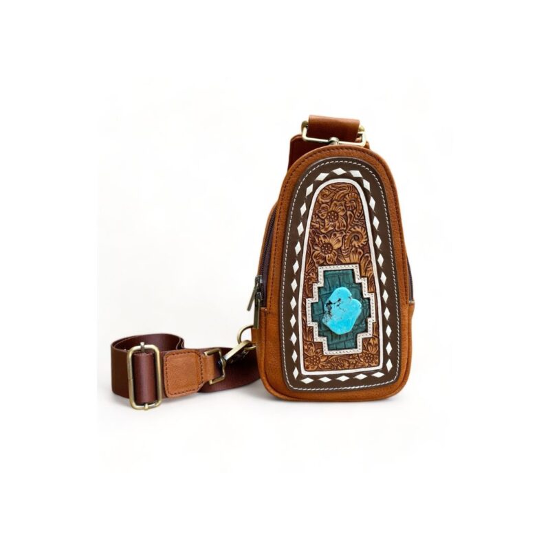 Tooled Leather Crossbody Bag with Single Sling Chest Pack and Turquoise Stone (CBMC 322106)