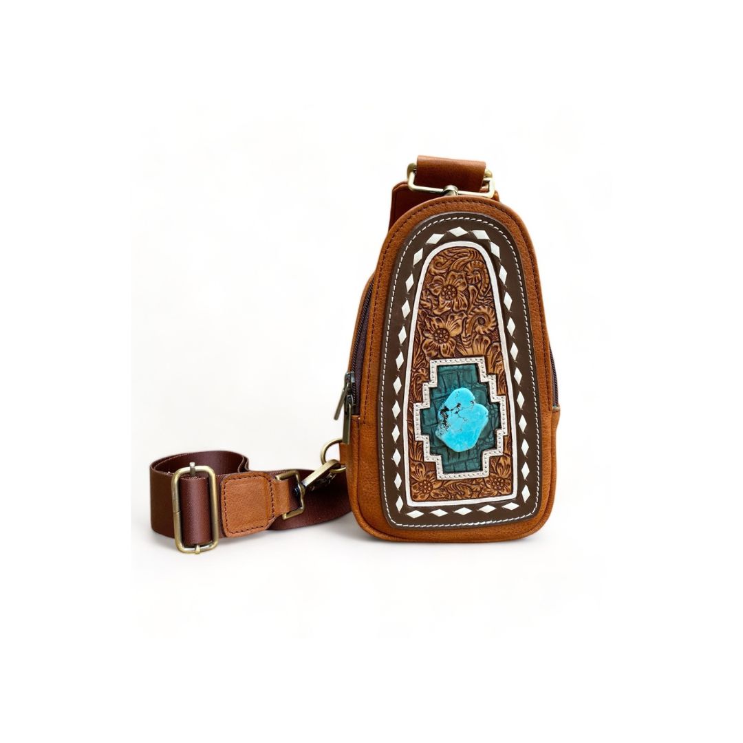 Tooled Leather Crossbody Bag with Single Sling Chest Pack and Turquoise Stone (CBMC 322106)